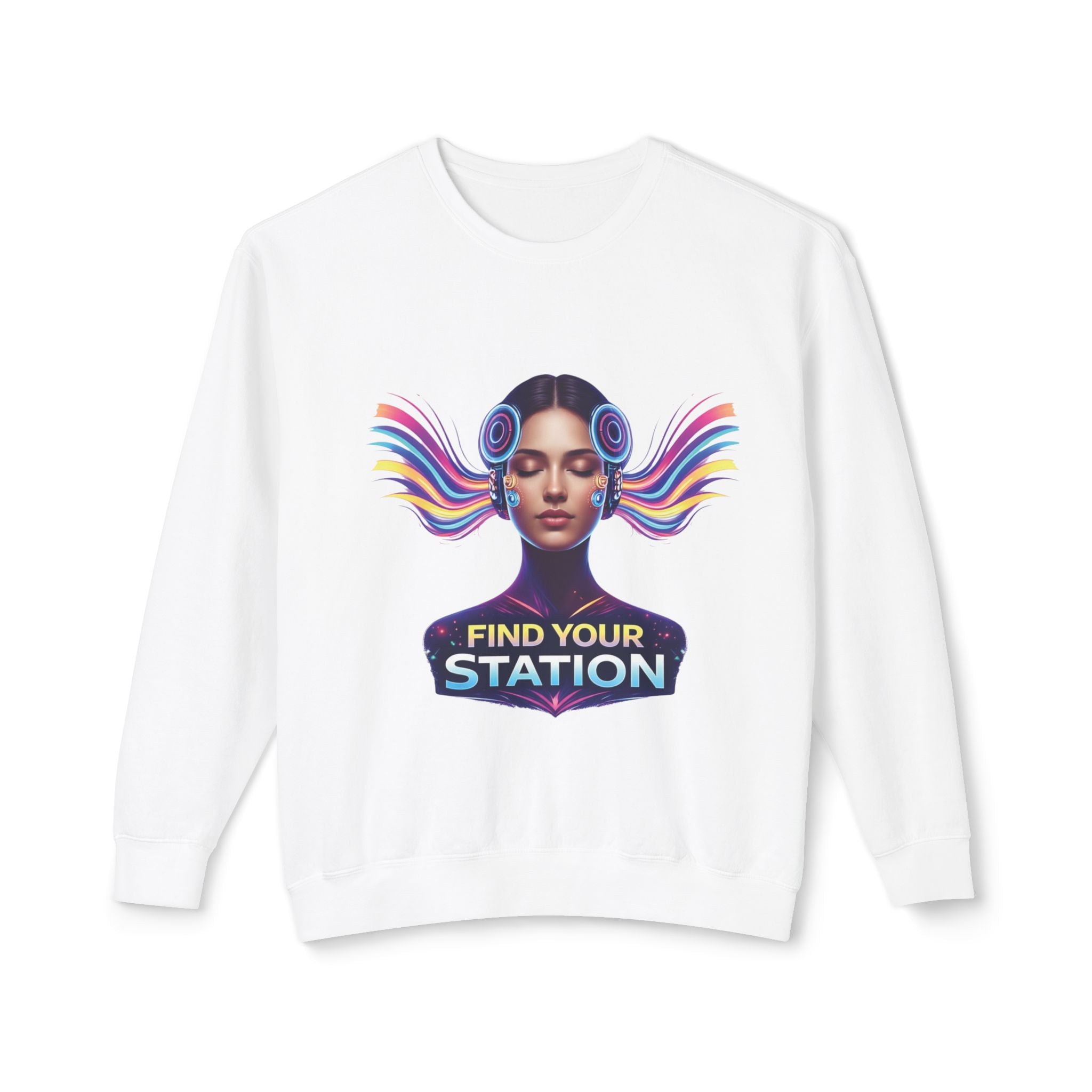 Find Your Station Crewneck Sweatshirt — Retro Headphone Music Graphic